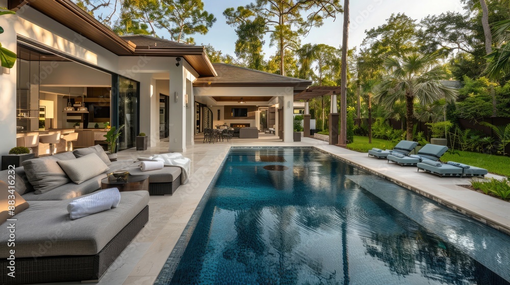 custom made wallpaper toronto digitalIndulge in luxury as you step into this serene paradise where a stylish living space meets a stunning pool oasis. With contemporary furnishings and lush landscaping,