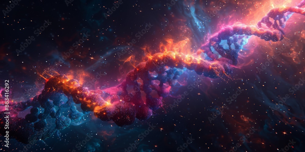 Obraz premium Glowing DNA strand showcased with stunning bokeh light effects and high detail, suitable for science visuals.