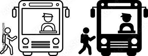 School Bus Icons. Black and White Vector Icons. School Bus with Driver and Schoolchild with Backpack. Education and School Concept