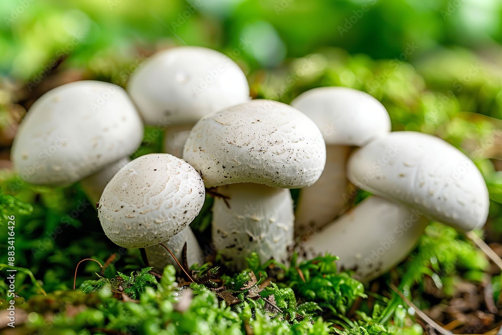 A number of mushrooms are emerging within the mossy landscape A number of mushrooms are emerging within the mossy landscape