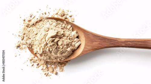 organic acacia fiber powder with wooden spoon isolated on white background.
