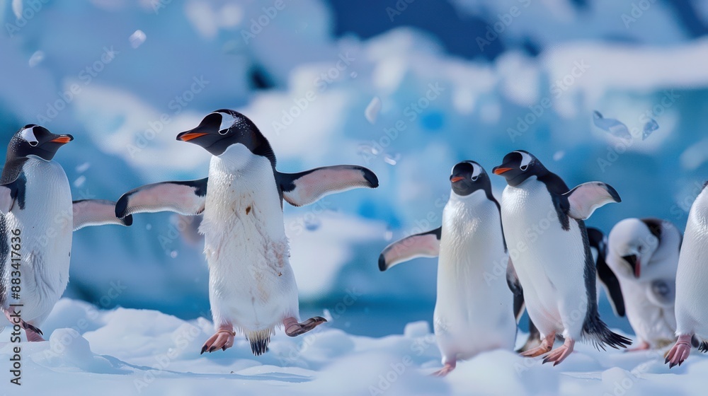 Fototapeta premium A group of penguins performing a funny dance on the ice. One of the penguins is standing on its head while others are flapping their flippers to the rhythm of imaginary music. The whole scene looks li