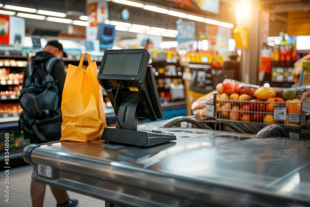 customer using a self-checkout kiosk at a grocery store.. Beautiful simple AI generated image in 4K, unique. customer using a self-checkout kiosk at a grocery store.. Beautiful simple AI generated image in 4K, unique.