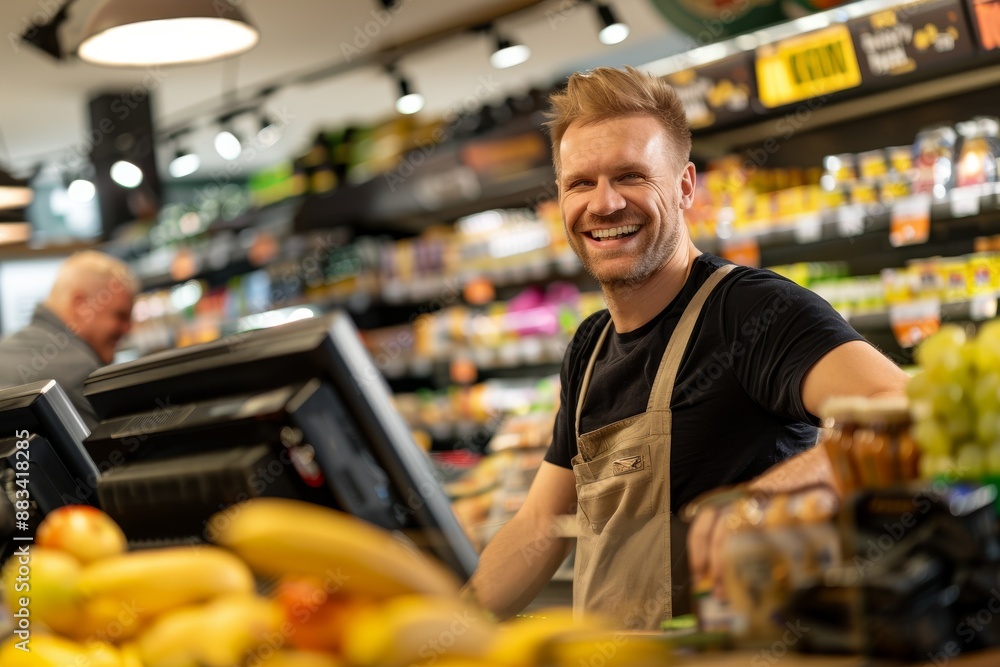 Man paying at the self-service counter using the touchscreen display and credit card. Isometric self-service cashier or terminal.. Beautiful simple AI generated image in 4K, unique. Man paying at the self-service counter using the touchscreen display and credit card. Isometric self-service cashier or terminal.. Beautiful simple AI generated image in 4K, unique.