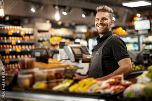 A happy couple is standing at self-service checkout and smiling at the camera while standing at supermarket.. Beautiful simple AI generated image in 4K, unique.