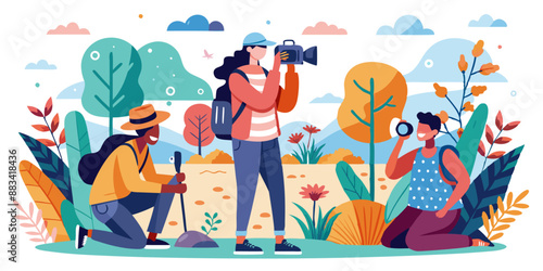 World Photography Day vector illustration. Different environments like forest, desert, and ocean with a photographer in each setting