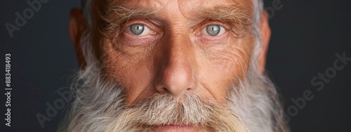  A close-up of a man with a long white beard, blue eyes, and a goatee