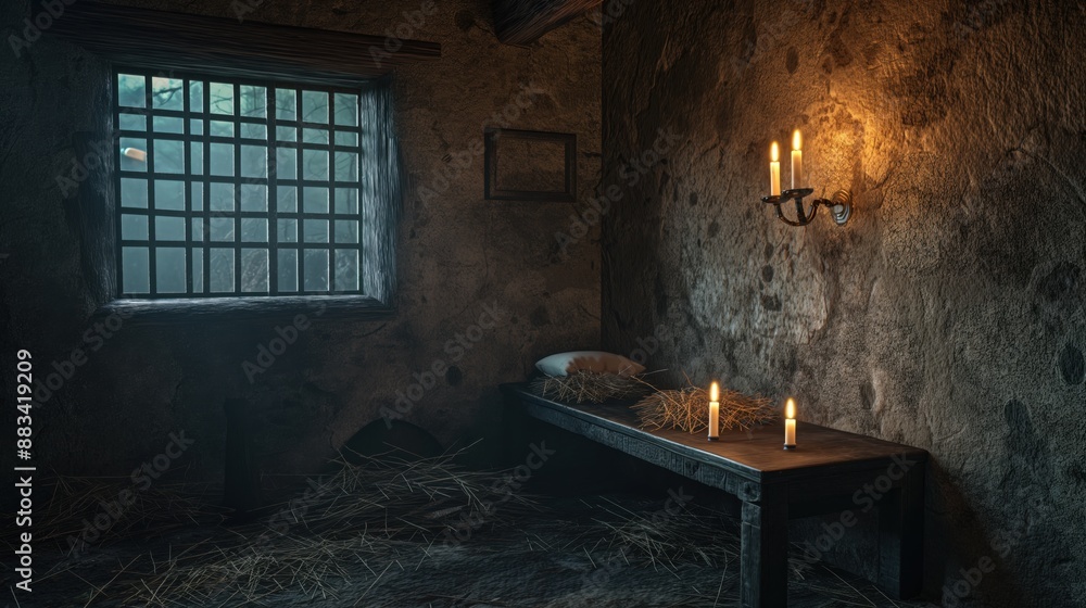 Dimly lit medieval prison cell with a barred window, wooden bench with hay, pillow, and lit candles on the wall and table. Dimly lit medieval prison cell with a barred window, wooden bench with hay, pillow, and lit candles on the wall and table.