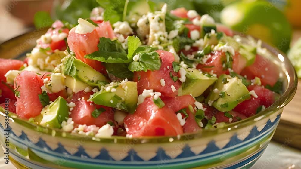 A colorful bowl of watermelon feta and avocado salad tossed in a light dressing of avocado oil lime and mint. A colorful bowl of watermelon feta and avocado salad tossed in a light dressing of avocado oil lime and mint.