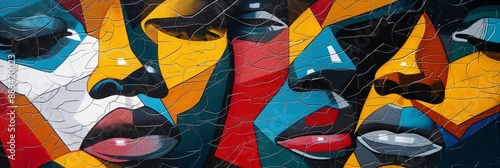 Vibrant geometric mural of faces