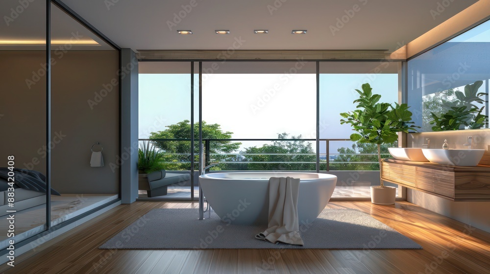 Suburban Contemporary master suite with a private balcony, a freestanding bathtub, and a minimalist decor Suburban Contemporary master suite with a private balcony, a freestanding bathtub, and a minimalist decor