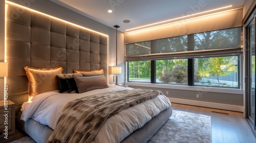 Suburban Contemporary master bedroom with automated blackout shades, a plush headboard, and integrated lighting