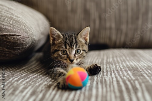 Gatinho fofo brincando com bolinha no sofá photo