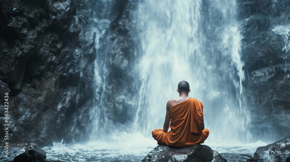 A monk in deep meditation under a waterfall, intense and purifying, left third copy space A monk in deep meditation under a waterfall, intense and purifying, left third copy space