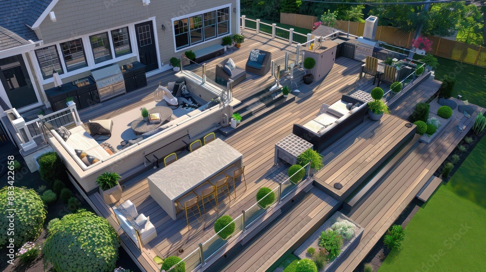 The expansive, multilevel deck of a Suburban Colonial home, featuring various seating areas, an outdoor kitchen, and integrated planters for privacy and greenery The expansive, multilevel deck of a Suburban Colonial home, featuring various seating areas, an outdoor kitchen, and integrated planters for privacy and greenery