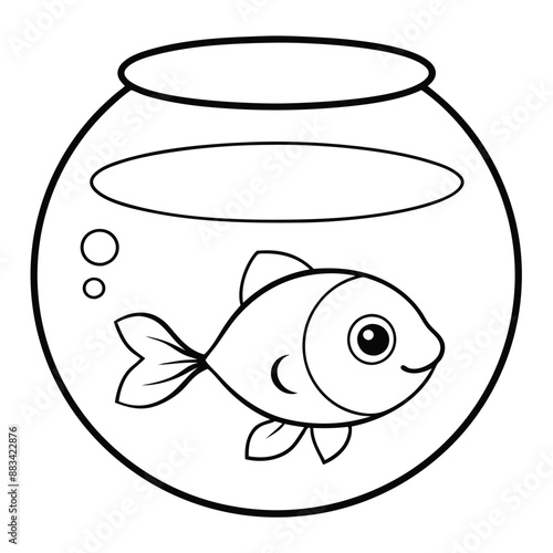 cute cartoon goldfish in a fish bowl on white transparent background, coloring page for kids