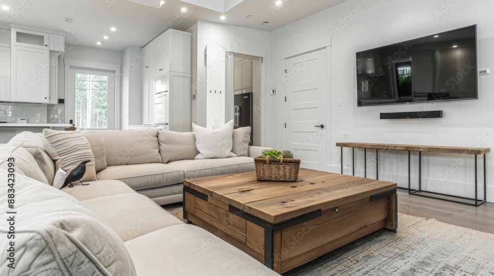 Modern living room featuring a sectional sofa, wooden coffee table, and a TV mounted on the wall facing the door to the kitchen. Modern living room featuring a sectional sofa, wooden coffee table, and a TV mounted on the wall facing the door to the kitchen.