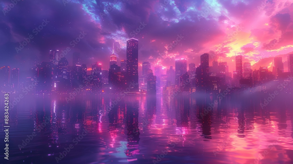 Fototapeta premium Vibrant cityscape at dusk - generative ai