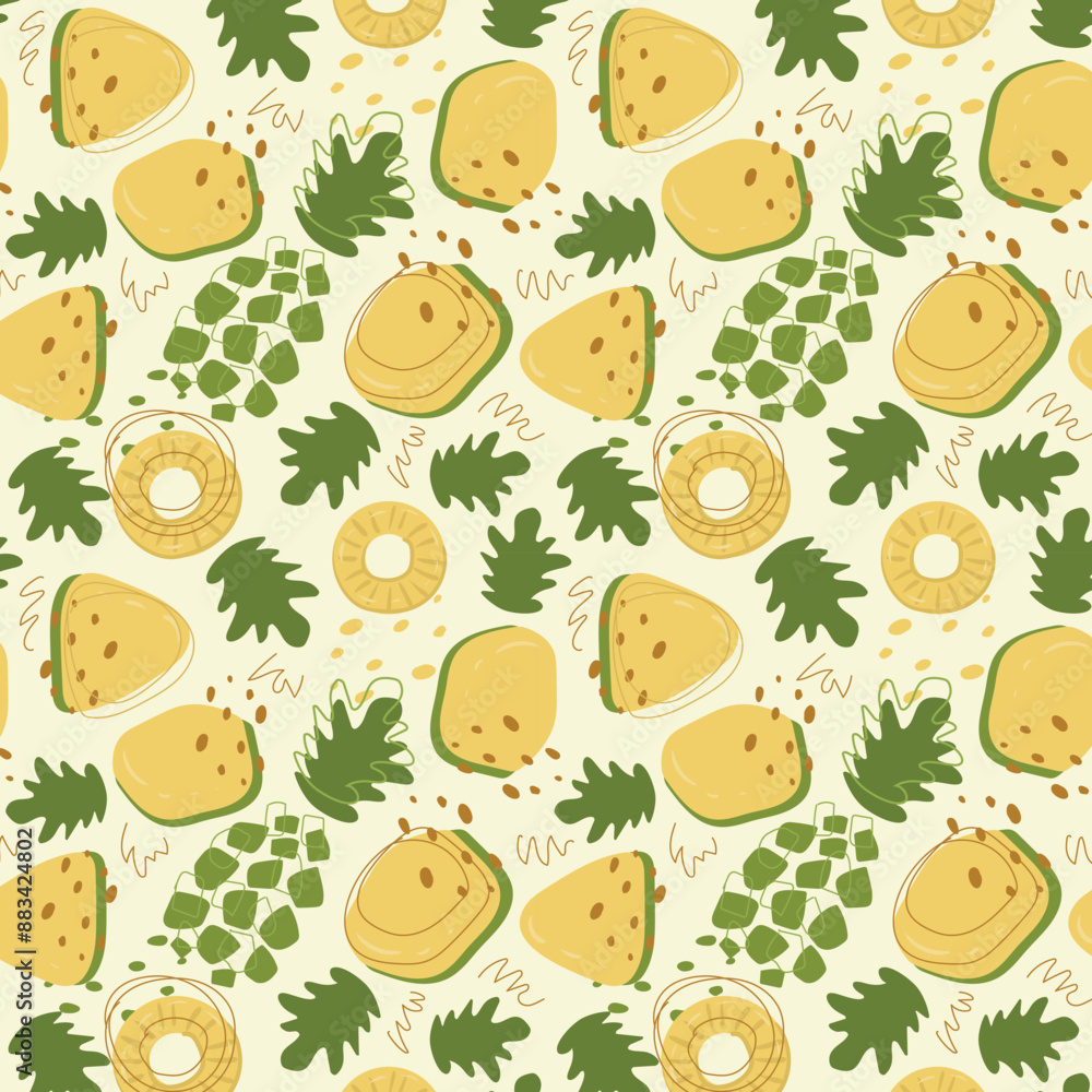 Obraz premium Abstract pineapple pattern in flat style. Fresh, delicious fruit seamless pattern. Vector background. Summer freshness for health. For background, juice, ice cream or fabric.