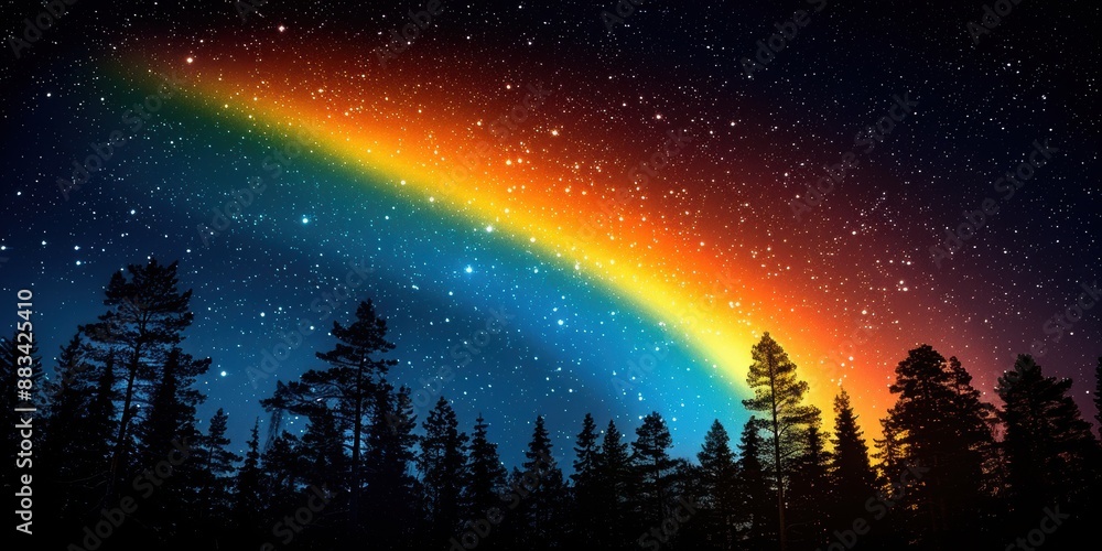 Stunning night sky with vibrant aurora borealis over forest trees, showcasing the beauty of nature's colorful light phenomena Stunning night sky with vibrant aurora borealis over forest trees, showcasing the beauty of nature's colorful light phenomena