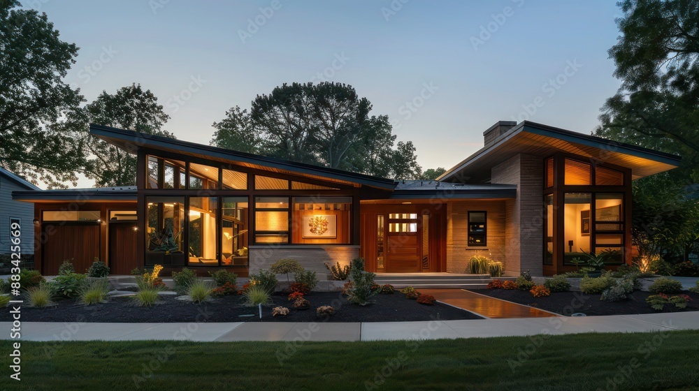 Suburban Mid-Century Modern home's fa? section ade with custom woodwork, clean lines, and a distinctive roofline Suburban Mid-Century Modern home's fa? section ade with custom woodwork, clean lines, and a distinctive roofline