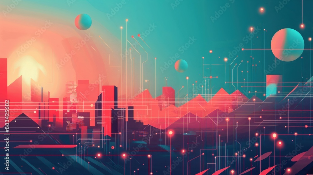 Fototapeta premium Futuristic cityscape with digital circuits and abstract geometric shapes against a vibrant sunset backdrop.