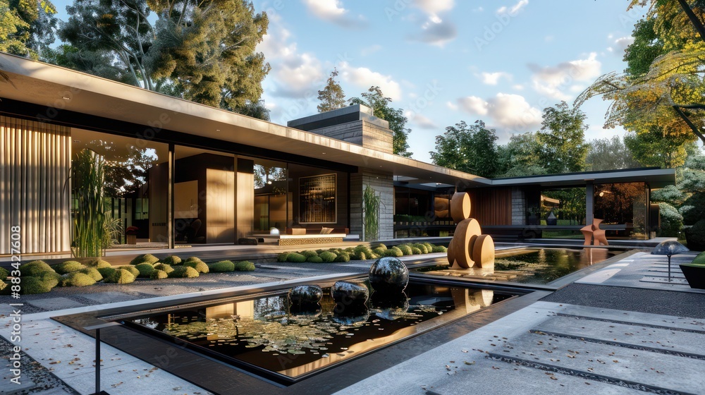Suburban Mid-Century Modern home with an architectural focus on horizontal lines, incorporating a water feature and modern sculptures Suburban Mid-Century Modern home with an architectural focus on horizontal lines, incorporating a water feature and modern sculptures