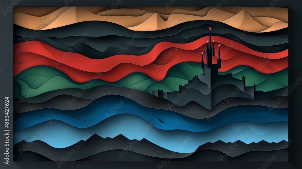 paper cut-out style artwork depicting a layered landscape with a castle silhouette against the sunset sky. paper cut-out style artwork depicting a layered landscape with a castle silhouette against the sunset sky.