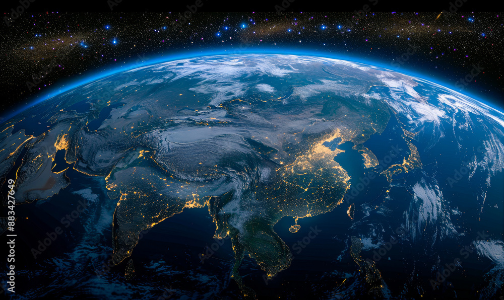 Photorealistic Night View of Earth from Space Focusing on Japan and Asia, Illuminated City Lights, Global Perspective, 3D Rendered Planet Concept Photorealistic Night View of Earth from Space Focusing on Japan and Asia, Illuminated City Lights, Global Perspective, 3D Rendered Planet Concept
