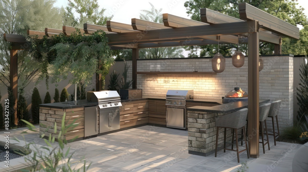 Suburban Mid-Century Modern outdoor BBQ area with a built-in grill, refrigerator, and bar seating under a pergola Suburban Mid-Century Modern outdoor BBQ area with a built-in grill, refrigerator, and bar seating under a pergola