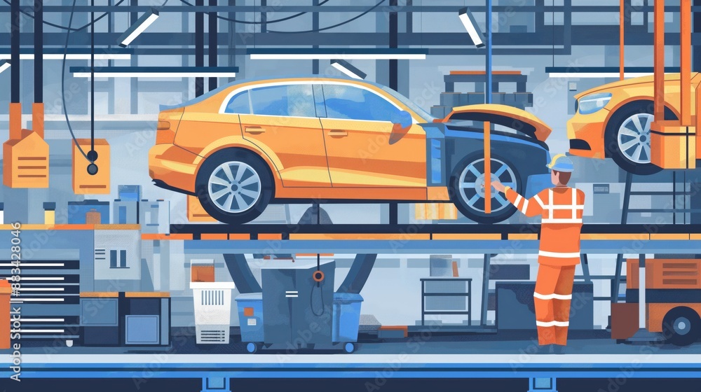 Illustration of a car repair shop with cars on lifts and a worker in a safety uniform performing maintenance. Illustration of a car repair shop with cars on lifts and a worker in a safety uniform performing maintenance.