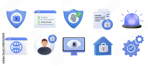 Set of Security web icons in 3D style. Guard, cyber security, password, smart home, safety, data protection, key, shield