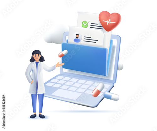 Electronic health record and online medical services illustration 3d style set. Doctor in hospital reading patient EMRs