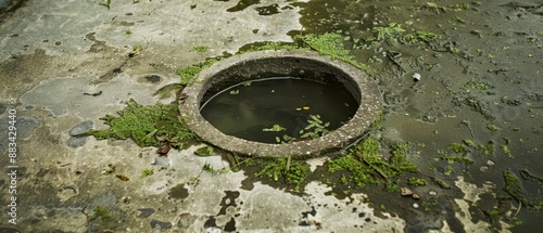 A Circular Stone Basin Filled With Water and Surrounded by Green Algae