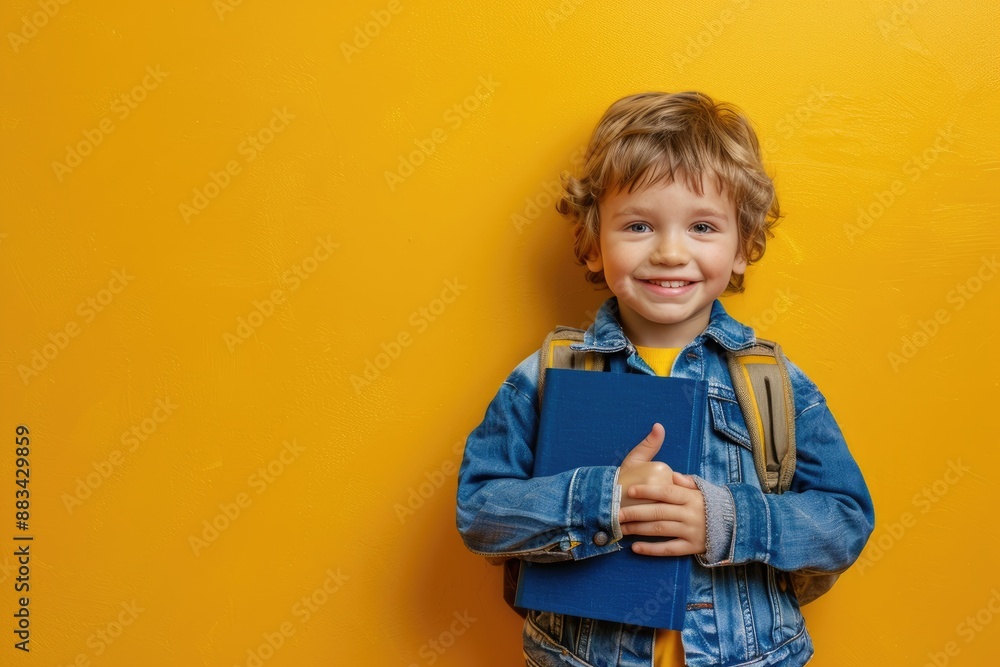 A young boy is holding a blue book and smiling. Back to school concept. A young boy is holding a blue book and smiling. Back to school concept.