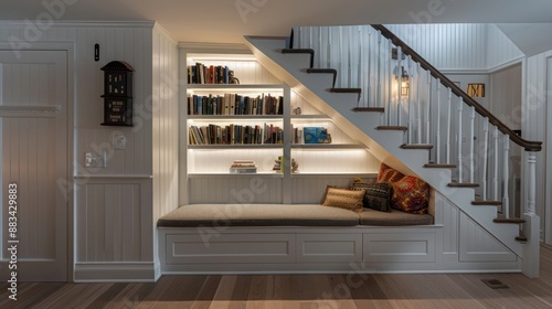The hidden alcove beneath the staircase of a Suburban Cape Cod home, turned into a cozy reading nook with built-in bookshelves and soft lighting