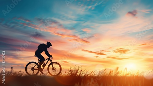 Wallpaper Mural A man is riding a bicycle in a field with a beautiful sunset in the background. Concept of freedom and relaxation, as the man enjoys the peaceful surroundings while riding his bike Torontodigital.ca