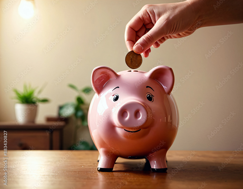 Φωτογραφία The hand puts a coin in a piggy bank in the shape of a pig.
