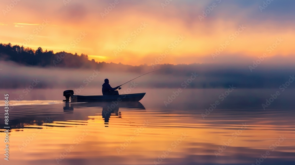A man is fishing in a boat on a lake. The sky is orange and the water is calm A man is fishing in a boat on a lake. The sky is orange and the water is calm