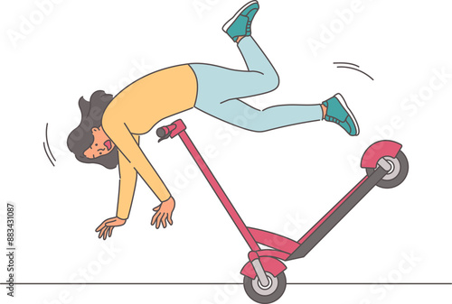 Careless woman falls from scooter and risks injury due to violations of safety rules and lack of helmet. Teenage girl falling from electric scooter can lead to concussion or broken bones.