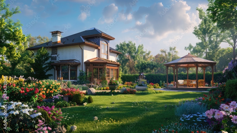 Rustic countryside house with a large backyard filled with vibrant flower gardens and a charming gazebo. Rustic countryside house with a large backyard filled with vibrant flower gardens and a charming gazebo.