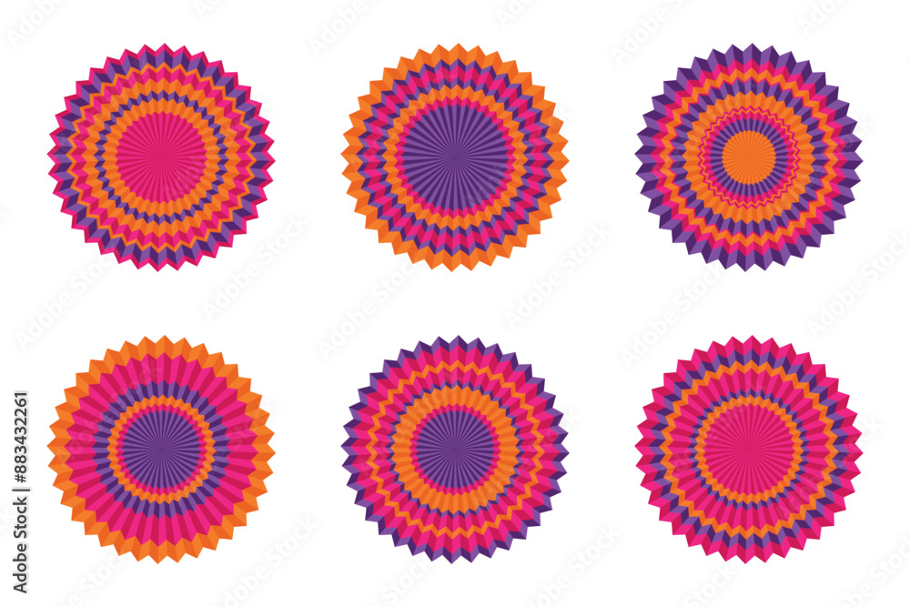 Set of bright vector origami paper circles for holiday decoration. Suitable for themed parties, weddings, birthdays in Fiesta style. Set of bright vector origami paper circles for holiday decoration. Suitable for themed parties, weddings, birthdays in Fiesta style.
