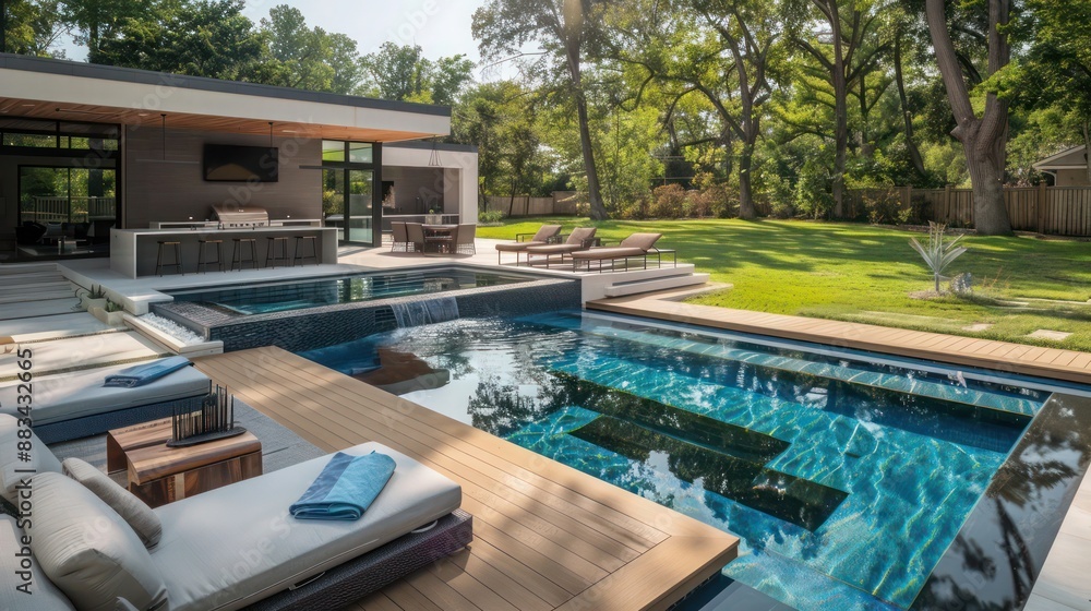 Fototapeta premium Suburban Modern backyard with a geometric pool, floating deck, and outdoor kitchen area