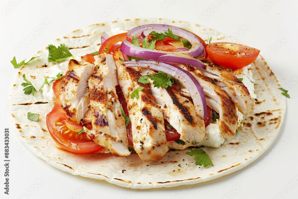Mexican food , Chicken tortillas and wild rocket salad, spinach, topped with tomato sauce and salad cream on a white background. High quality photo Mexican food , Chicken tortillas and wild rocket salad, spinach, topped with tomato sauce and salad cream on a white background. High quality photo