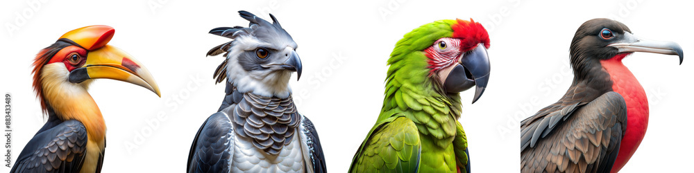 Diverse Exotic Birds in a Row on Transparent Background Diverse Exotic Birds in a Row on Transparent Background