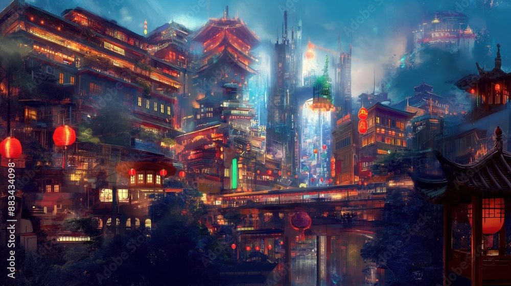 Obraz premium Futuristic cityscape at night with traditional Asian architecture elements, vibrant neon lights, and red lanterns illuminating the scene.