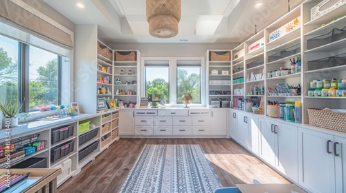 Suburban Modern craft room with organized storage solutions, ample natural light, and a creative atmosphere