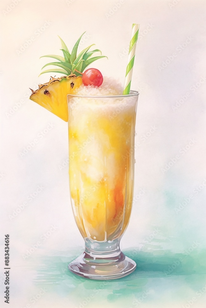A watercolor painting of a piña colada garnished with a pineapple slice, cherry, and a green-striped straw, set against a light, pastel background A watercolor painting of a piña colada garnished with a pineapple slice, cherry, and a green-striped straw, set against a light, pastel background