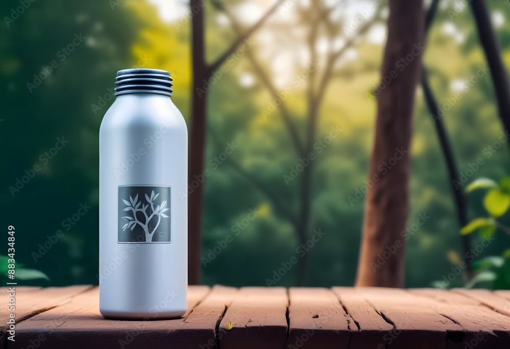 A colorful aluminum bottle with a White empty label on it, free space for your logo or brand name, on a wooden table in a blurred natural outdoor setting A colorful aluminum bottle with a White empty label on it, free space for your logo or brand name, on a wooden table in a blurred natural outdoor setting