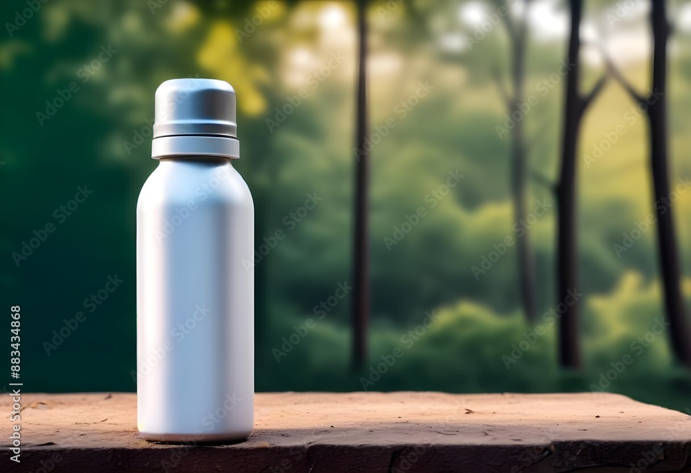 A colorful aluminum bottle with a White empty label on it, free space for your logo or brand name, on a wooden table in a blurred natural outdoor setting A colorful aluminum bottle with a White empty label on it, free space for your logo or brand name, on a wooden table in a blurred natural outdoor setting